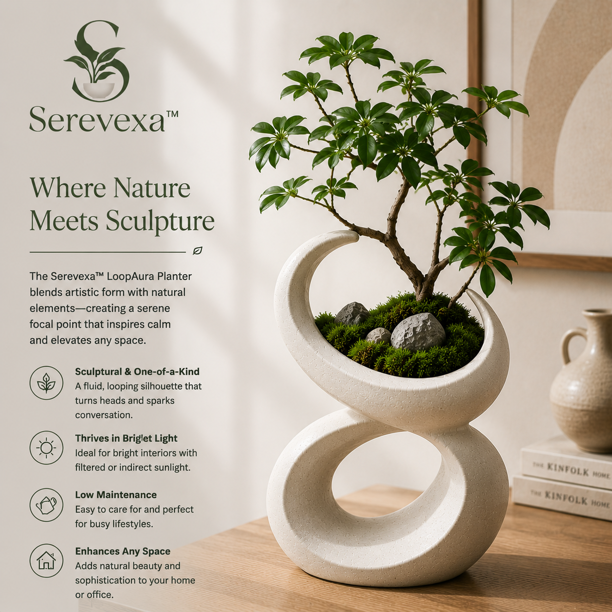 Serevexa™ LoopAura Zen Planter – Sculptural Bonsai Design for Modern Living Spaces