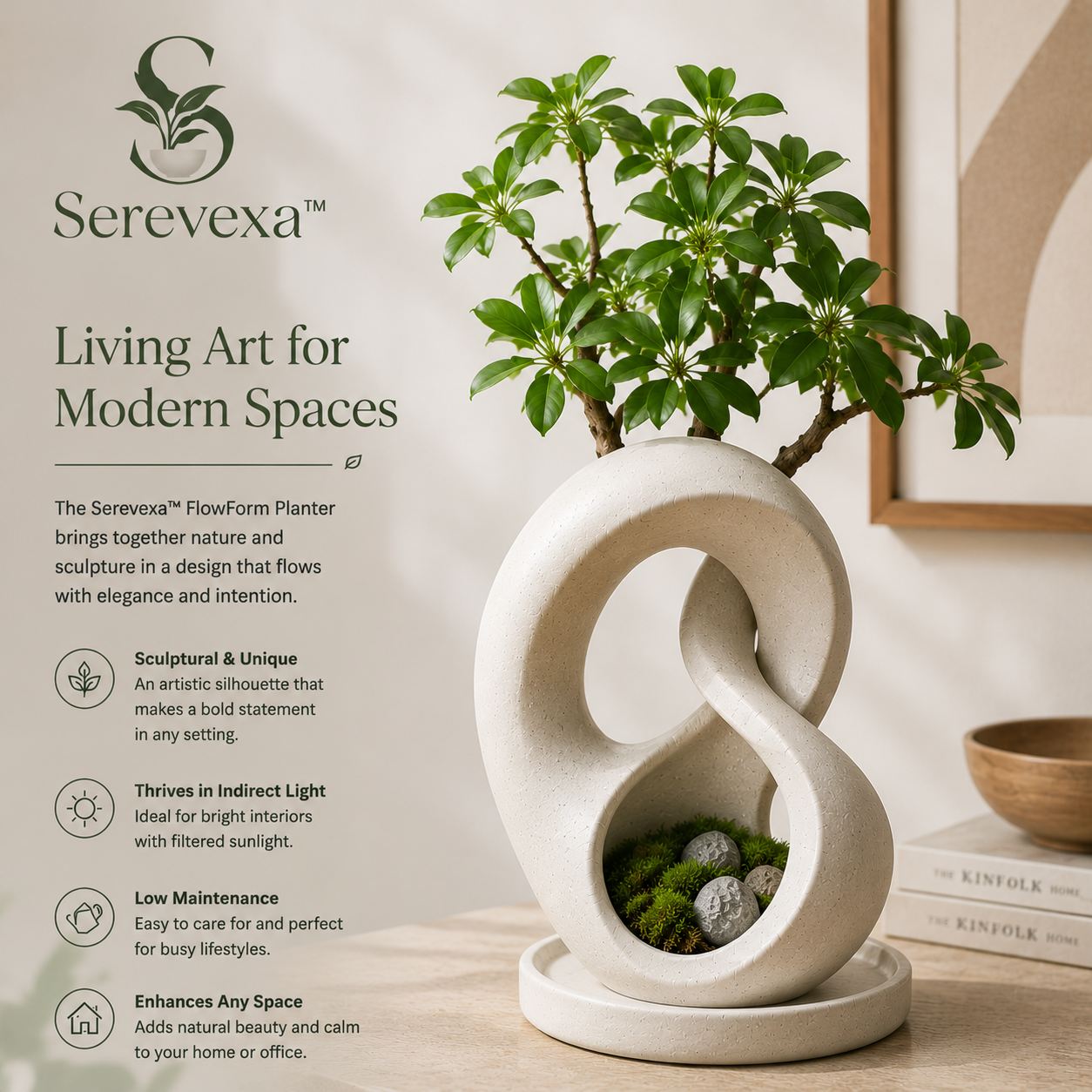 Serevexa™ FlowForm Infinity Planter – Sculptural Greenery Designed for Contemporary Living